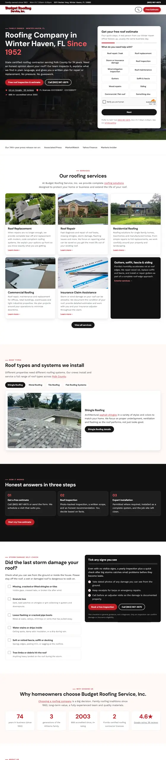 Full-page capture of the Budget Roofing Service website