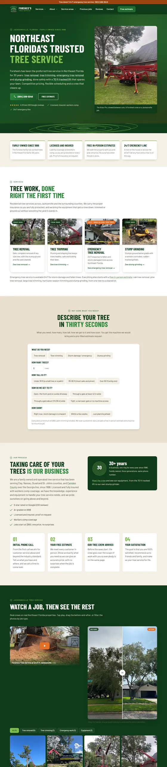 Full-page capture of the Forshee's Tree Service website