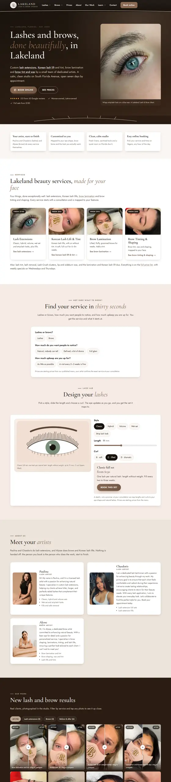 Full-page capture of the Lakeland Lash & Brow website