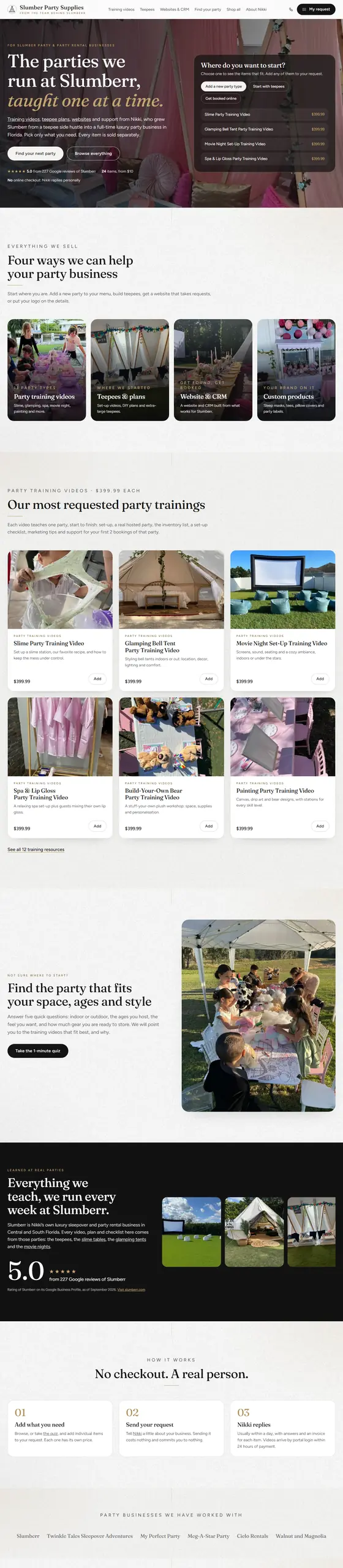 Full-page capture of the Slumber Party Supplies website