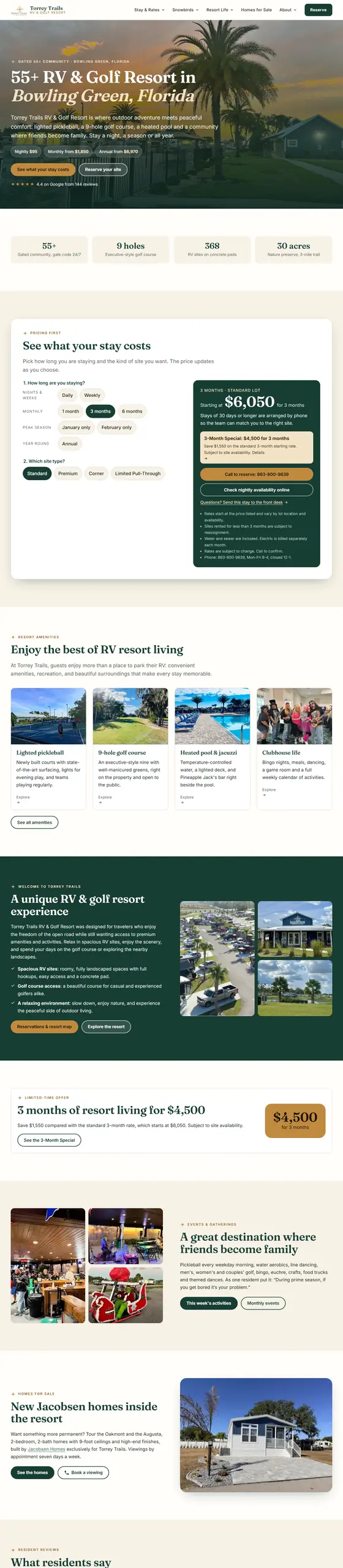 Full-page capture of the Torrey Trails RV & Golf Resort website