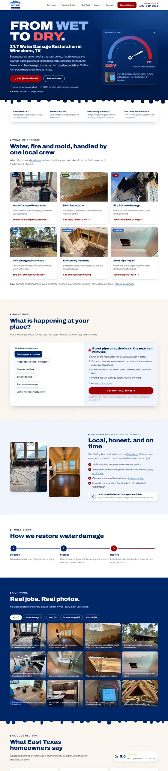 Full-page capture of the Wet To Dry Restoration website