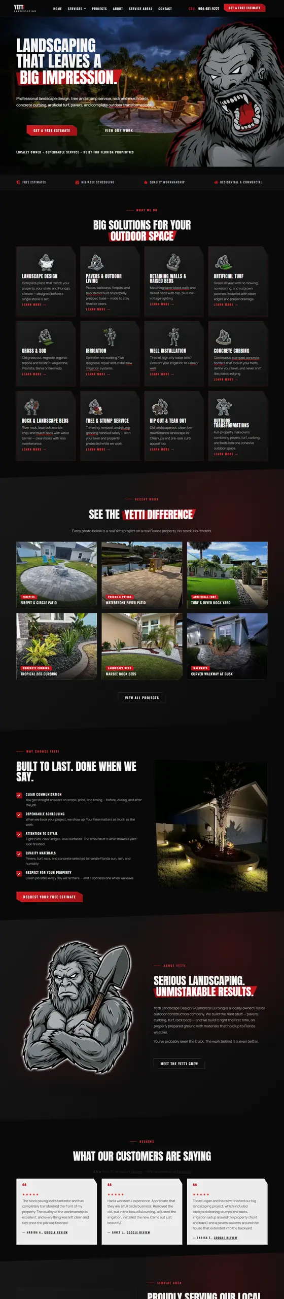 Full-page capture of the Yetti Landscape Design & Concrete Curbing website
